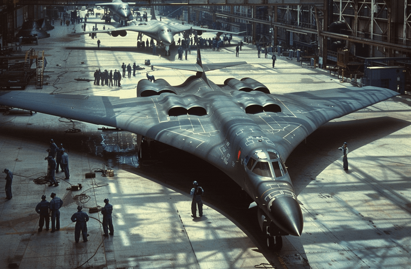 AI generated: In the center of an aircraft factory, there is a B2 bomber with its wings folded back and ready for ...