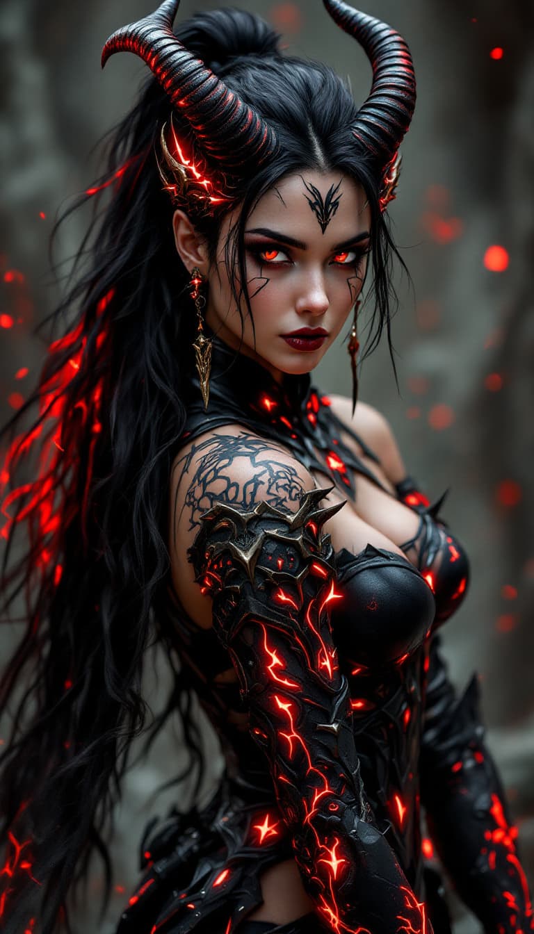 AI generated: An ultra-realistic, full-body portrait of a captivating demon huntress woman, radiating fierce deter...