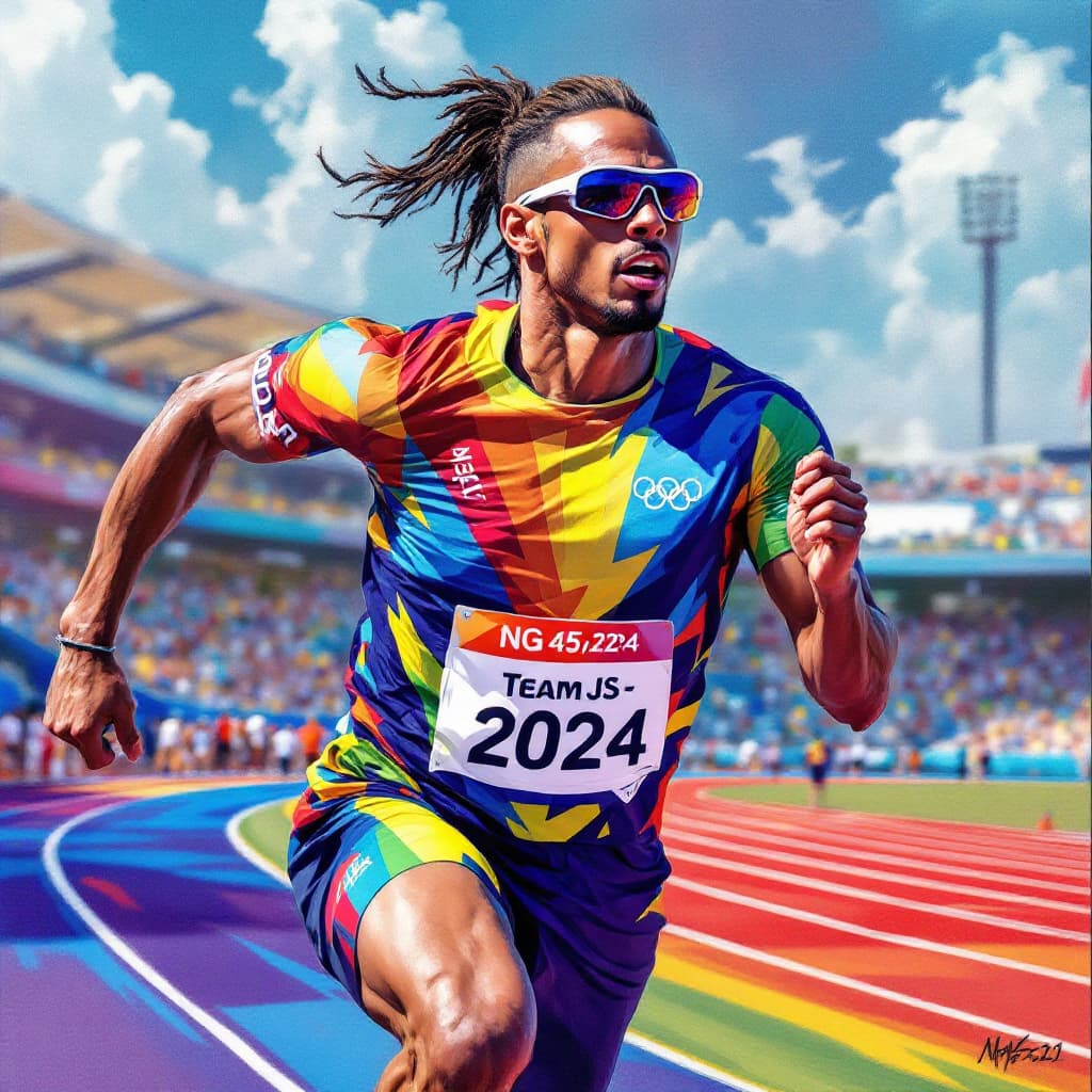 AI generated: A vibrant and detailed airbrushed painting of an Olympic runner, in the style of Greg Rutkowski, ado...