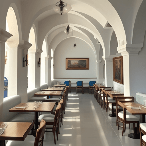 AI generated: Big Greek vibe restaurant classic style  wall arches with indirect light with greek status white cha...