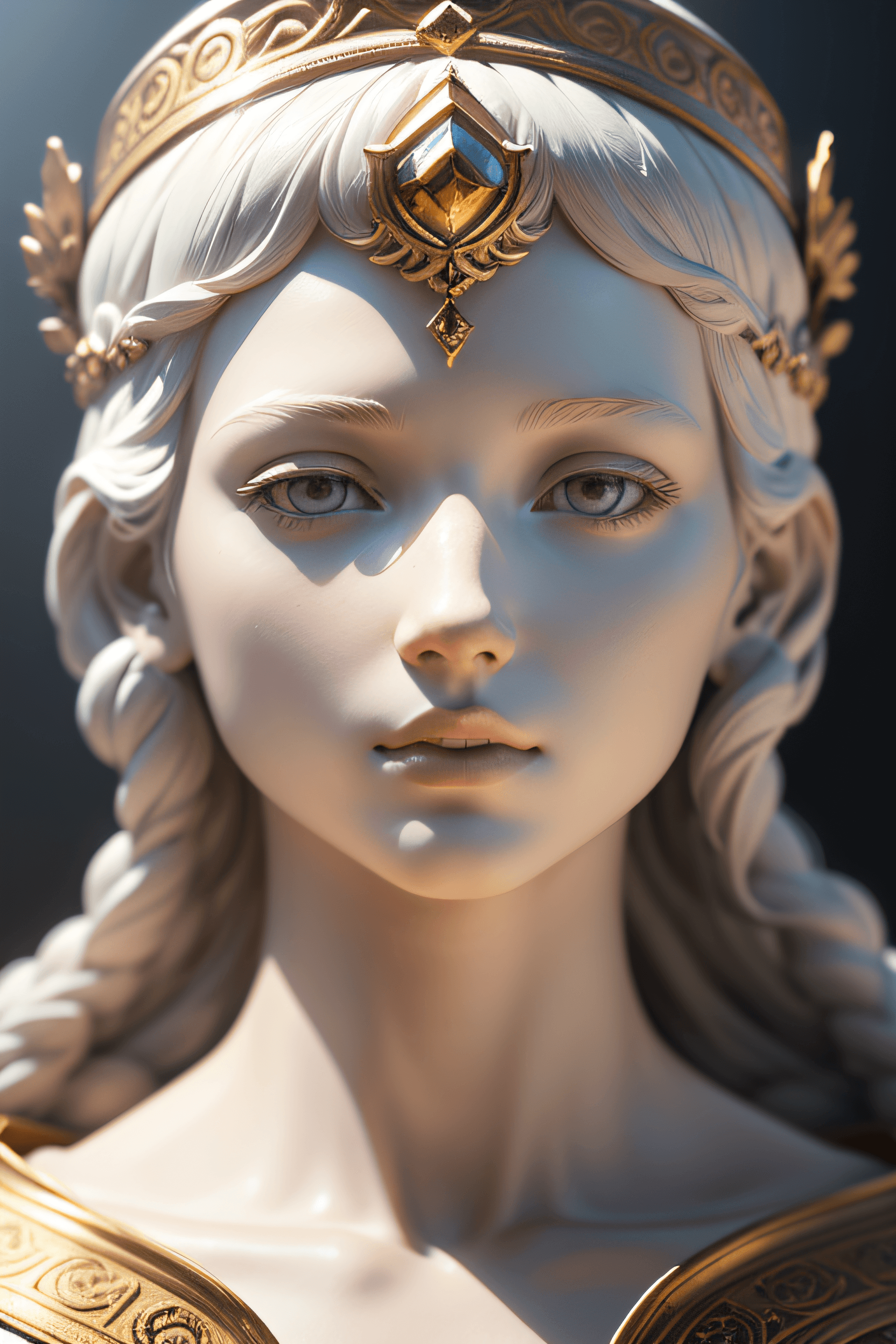 AI generated: An ancient greek godness, made by marble, cinematic lighting, white dress, gold details on her dress...