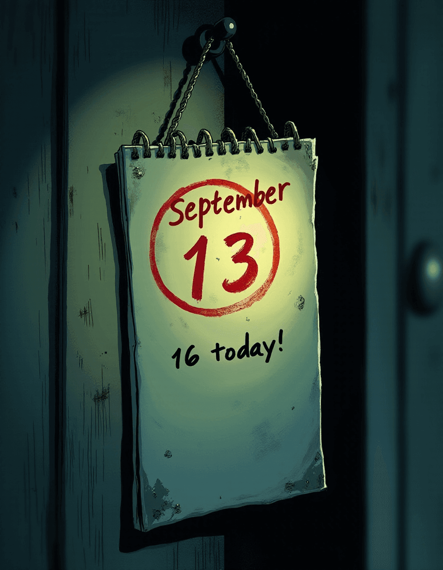 AI generated: Create a close-up shot for Panel 3 of a graphic novel page, focusing on a calendar hanging on a slig...