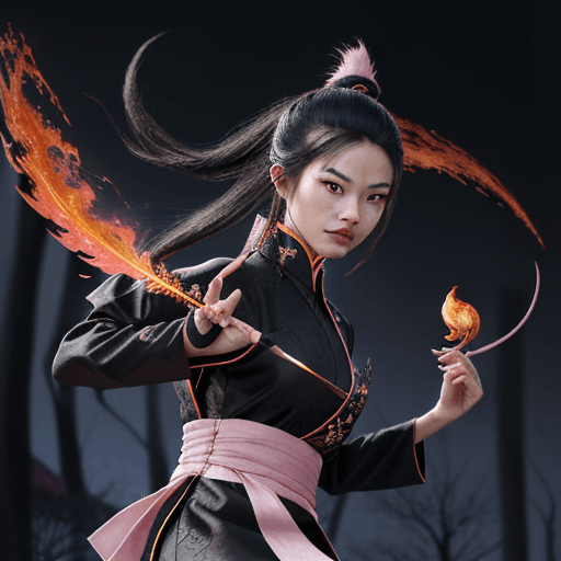 AI generated: A mischievous ninja in midnight black traditional Chinese attire, golden accessories, stealthy stanc...