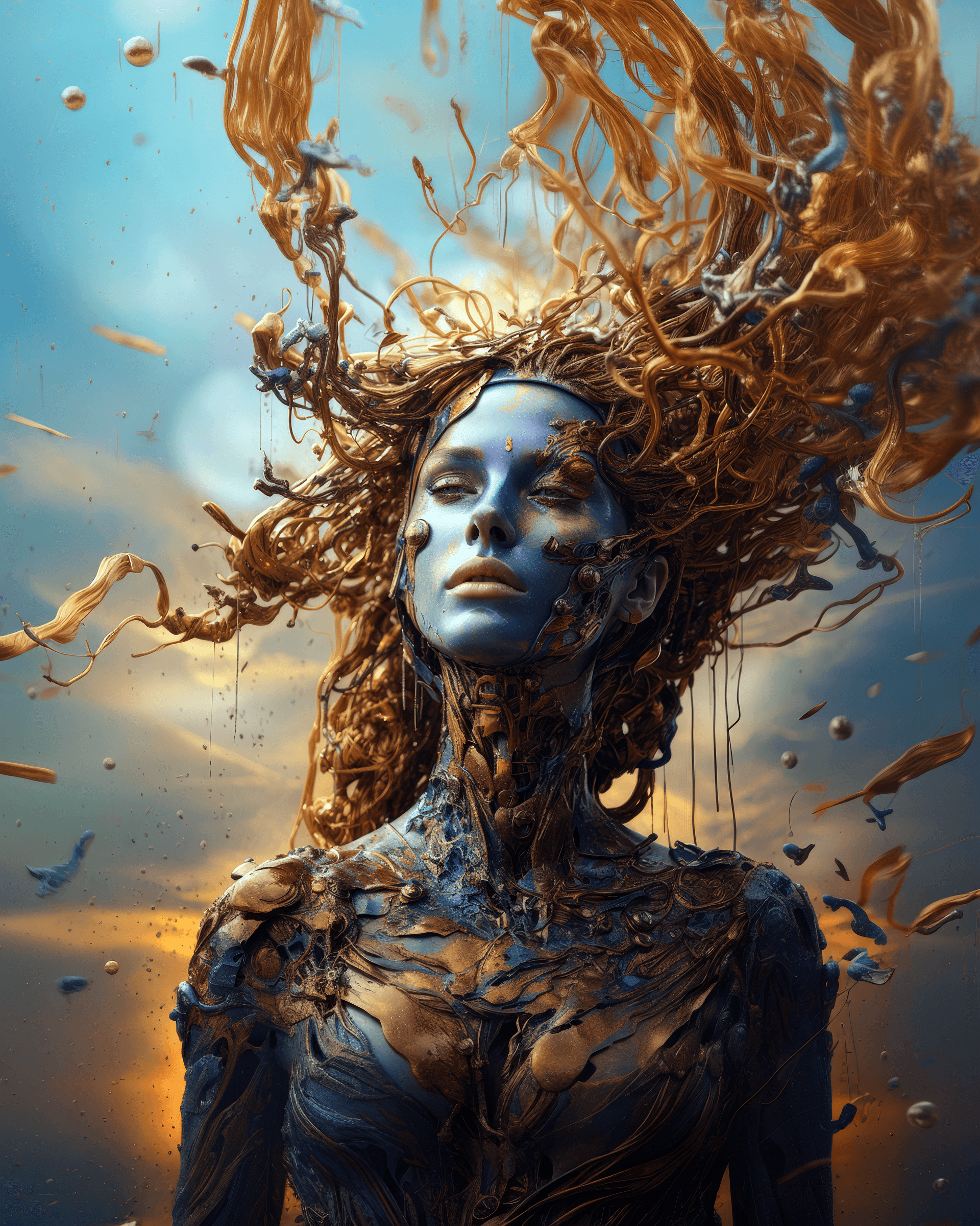 AI generated: images of human head from digital art book, in the style of dark amber and violet, surreal 3d landsc...