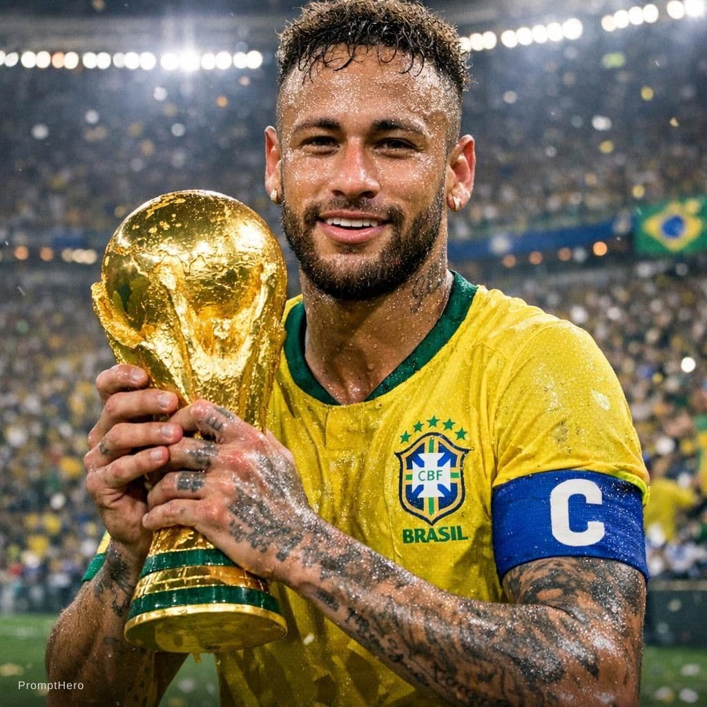 AI generated: Neymar com a taça da copa do mundo nas mãos suado ele está no estádio e a faixa de capitão no braço 