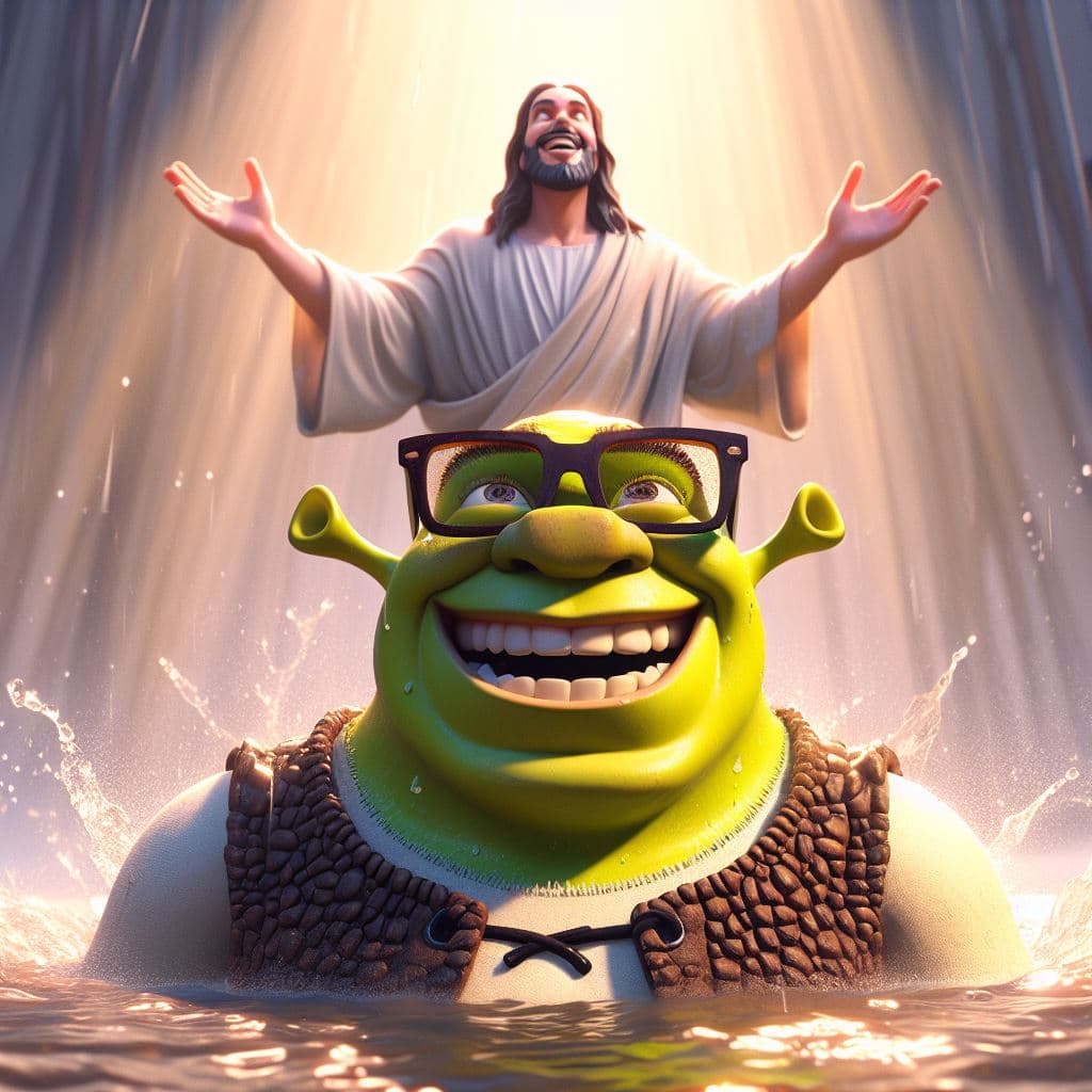 AI generated: Shrek on top of a puddle with square glasses, smiling looking up with raised arms and jesus christ w...