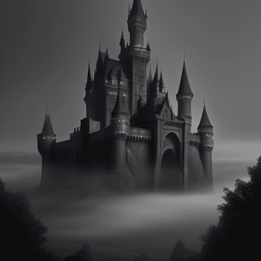AI generated: this is the cover for the book, it shows a castle, fog, dark colors, gray and black