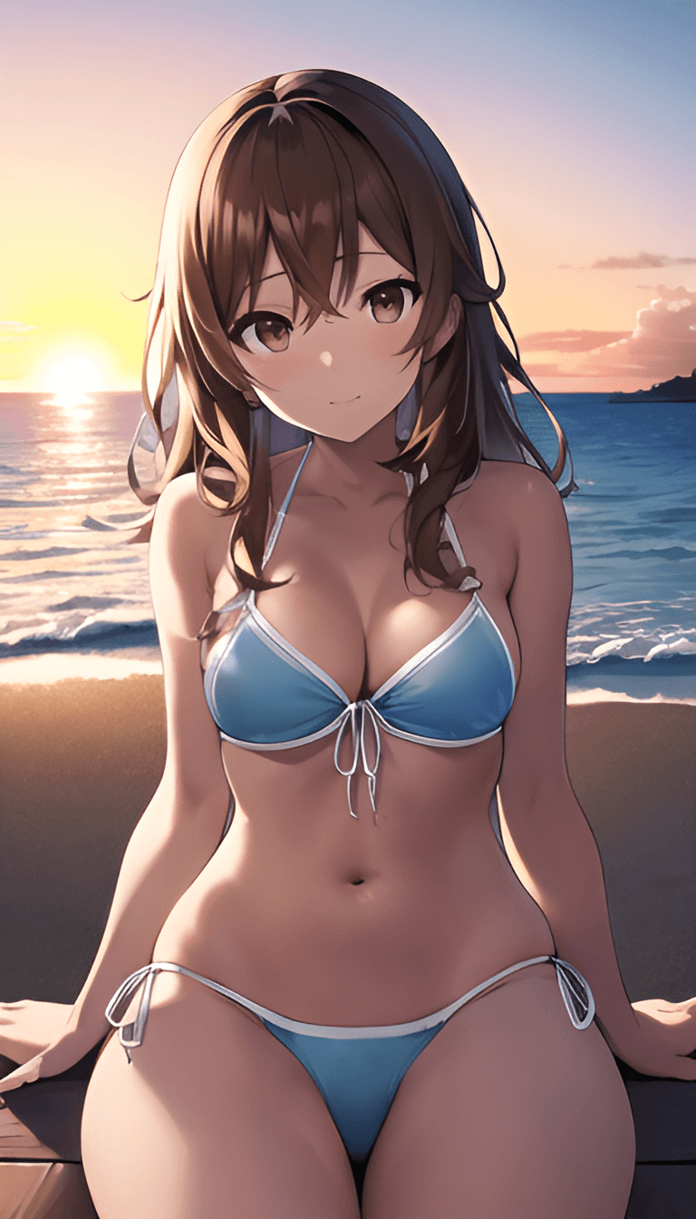 AI generated: An anime girl relaxing at the beach, beach, tides, beautiful sunset sky, beach swimwear, Miami, ocea...