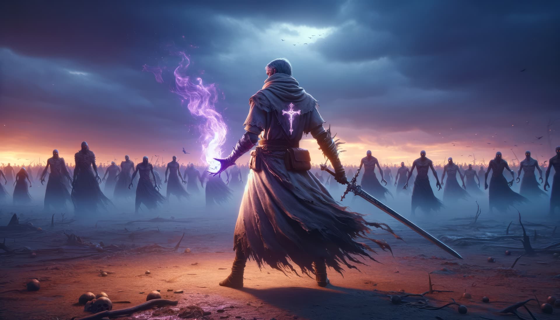 AI generated: A 16:9 high-resolution scene depicts a battle-hardened warrior monk standing defiantly in a barren d...