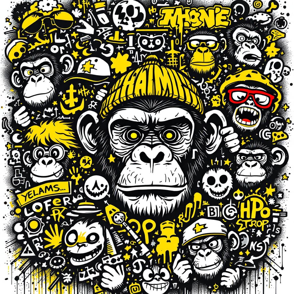 AI generated: An intricate and mainly black and white, and yellow, (two contrasting, extra colors for details), gr...
