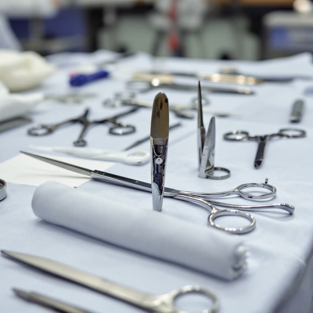 AI generated: Well arranged surgical instruments in a theatre