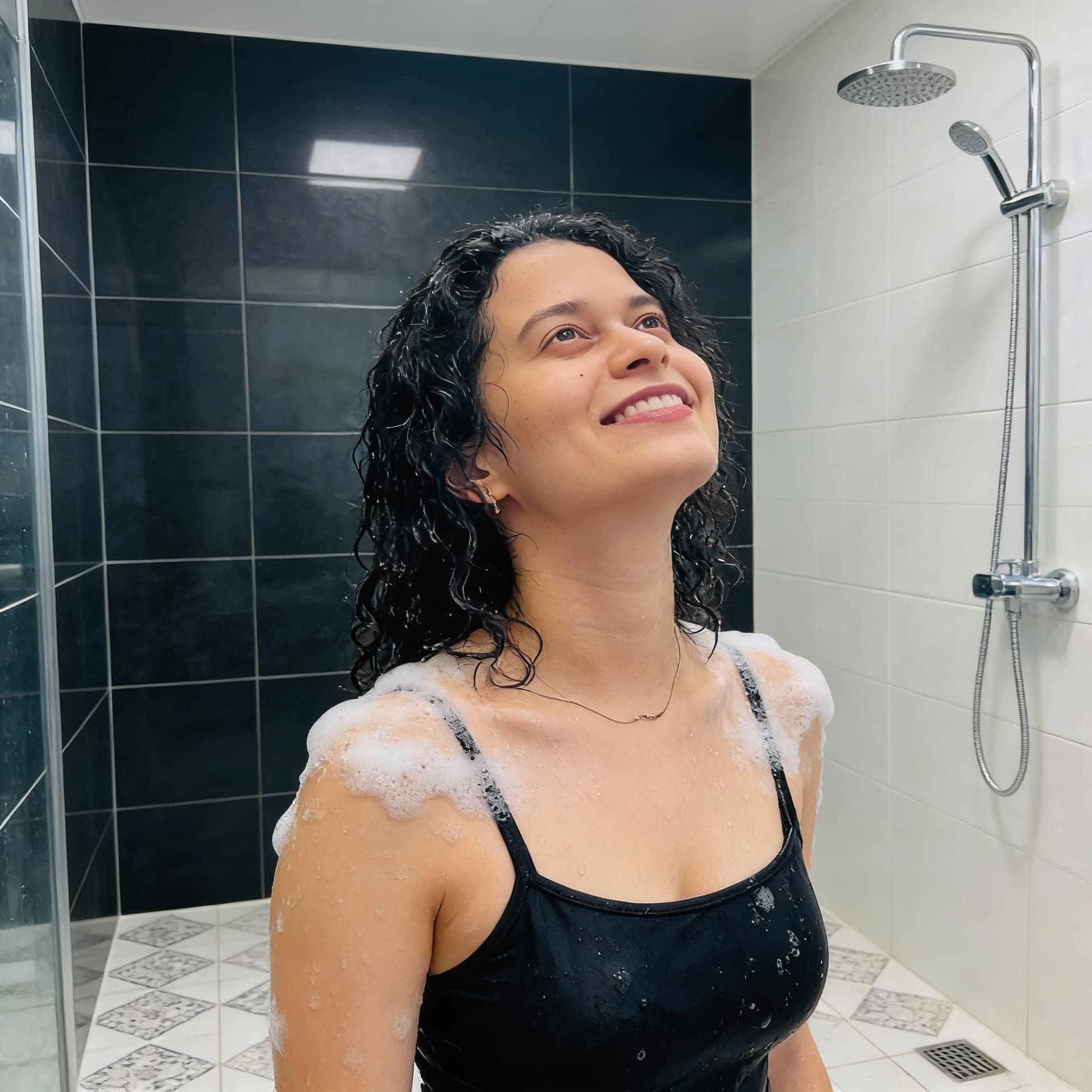 AI generated: The image shows an adult woman in a tiled shower area. She is wet and covered with soap suds across ...