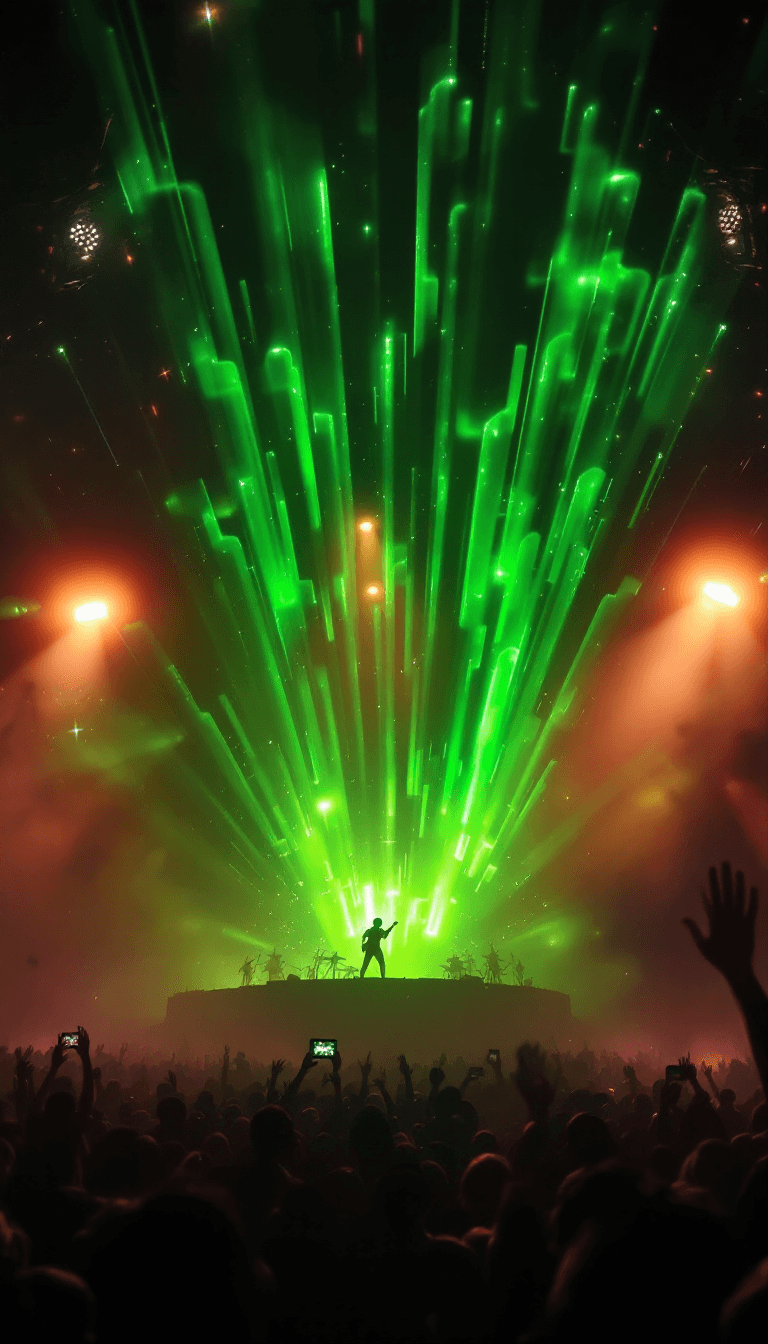 AI generated: Photo of a ultra realistic a green glowing ailen  dark at a rock concert orgranization , dramatic li...