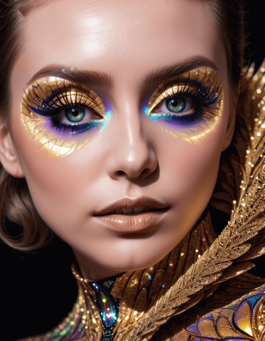 AI generated: closeup macro shot, high contrast, closeup of a woman's face, iridescent, heavy makeup, lashes, frac...