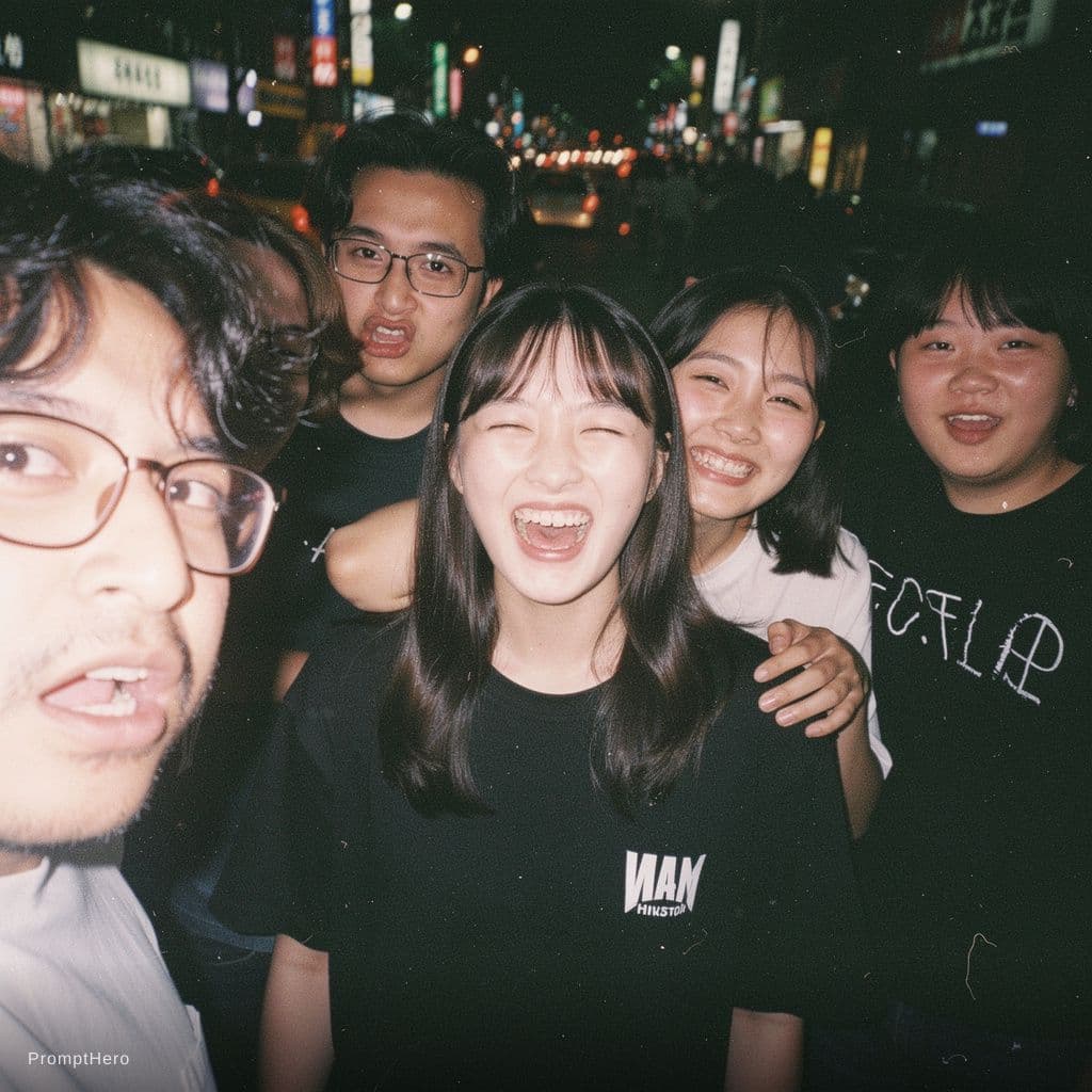 AI generated: photography, snapshot, disposable camera style, young korean girl, wearing a black oversized t-shirt...
