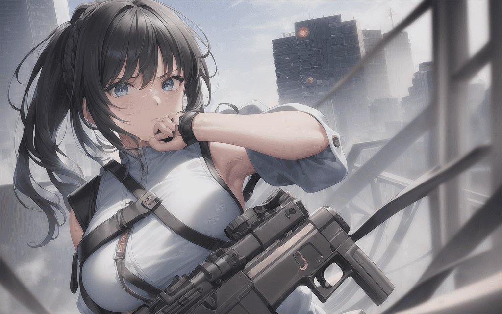 AI generated: ((masterpiece)), 1girl, solo, looking at viewer, annoyed, braided bangs, shirt, gloves, sleeveless, ...