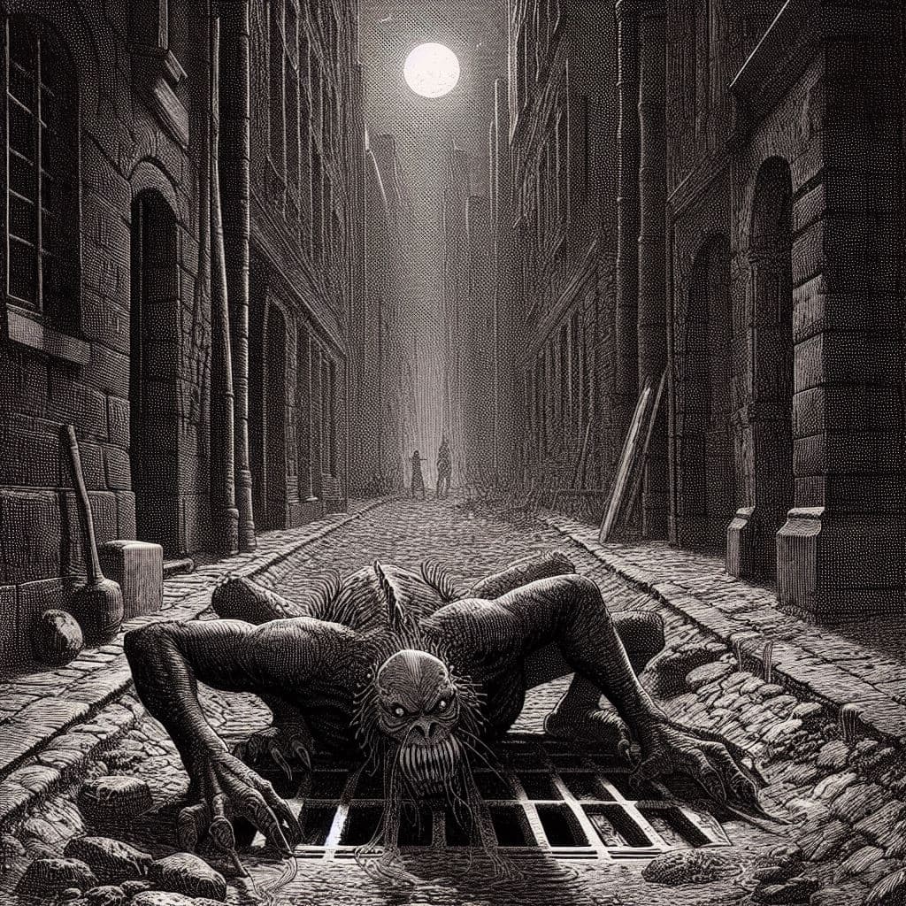 AI generated: in the style of Gustave Doré, far away view, picture of a lovecraftian monster crawling from underne...