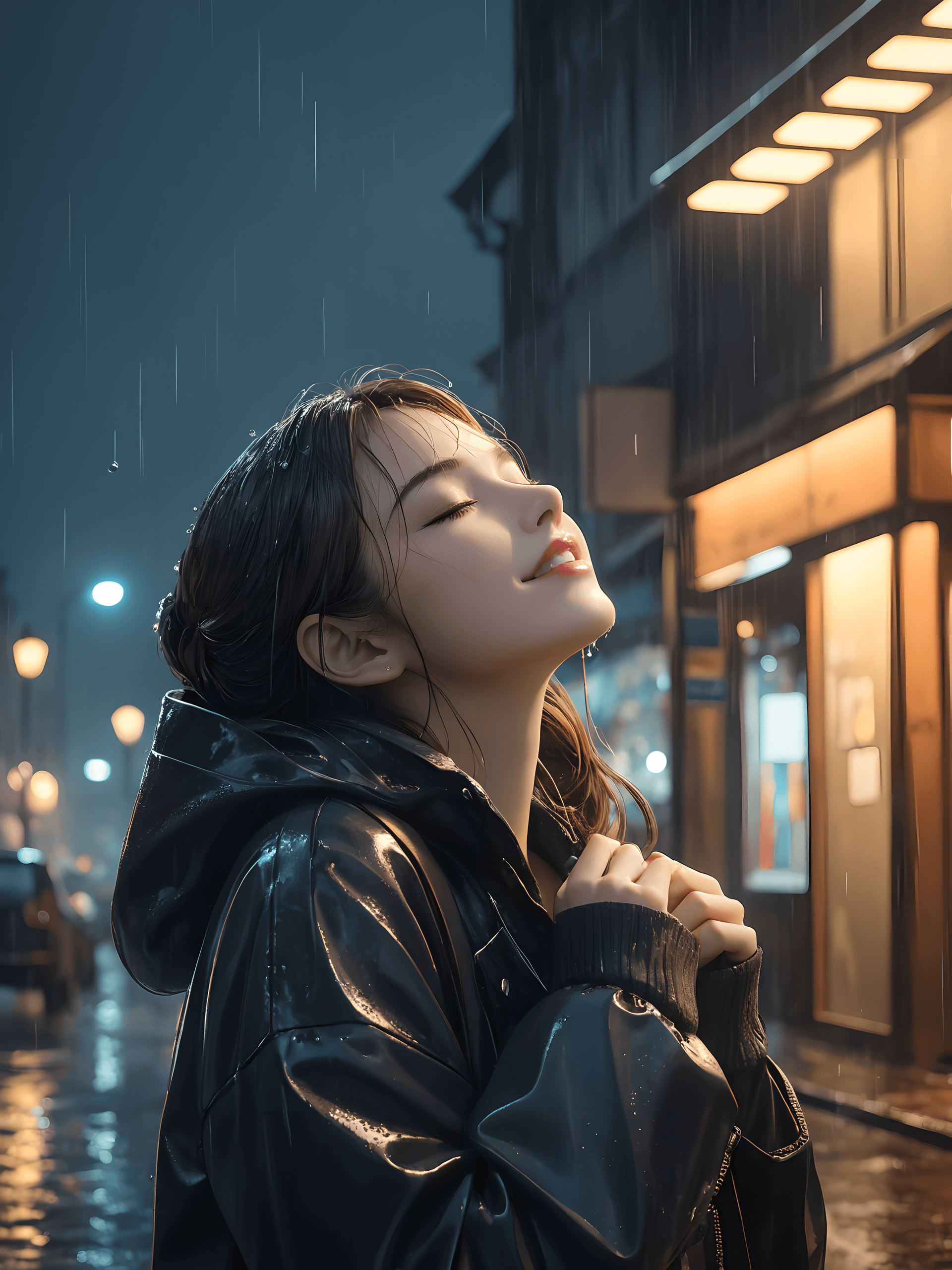 AI generated: retro atmosphere, Rainy winter streets, rain-soaked streetlights, all over the body, under the stree...