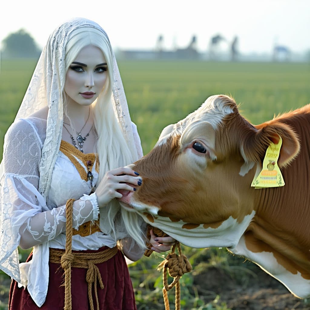 AI generated: In the photo, a white-skinned woman dressed as a beggar takes a cow by the udder and milks it and lo...