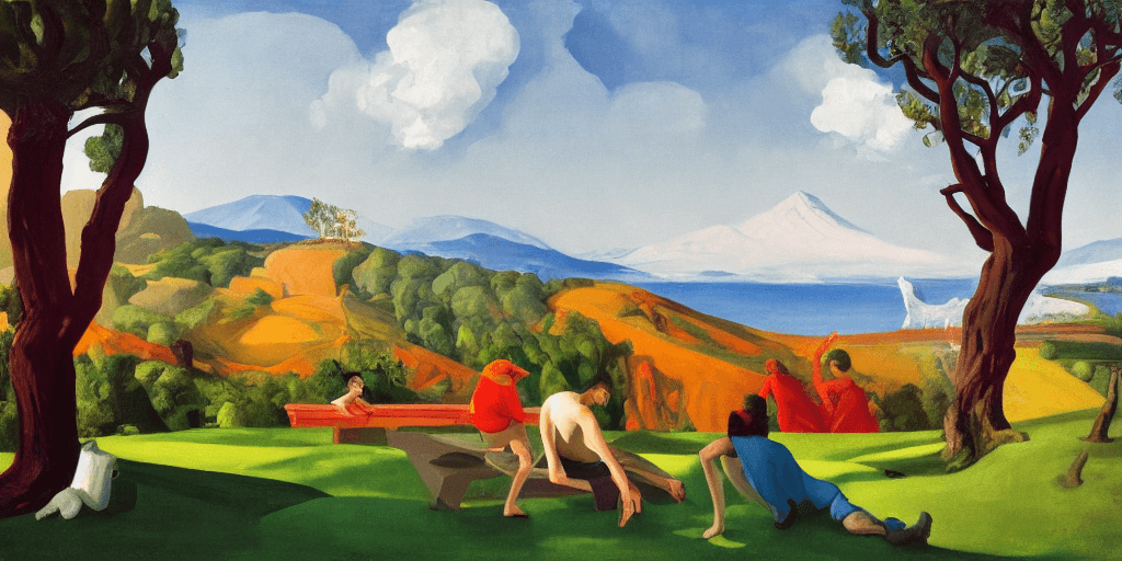 AI generated: epic view, oil painting, neo rauch, david hockney, edward hopper