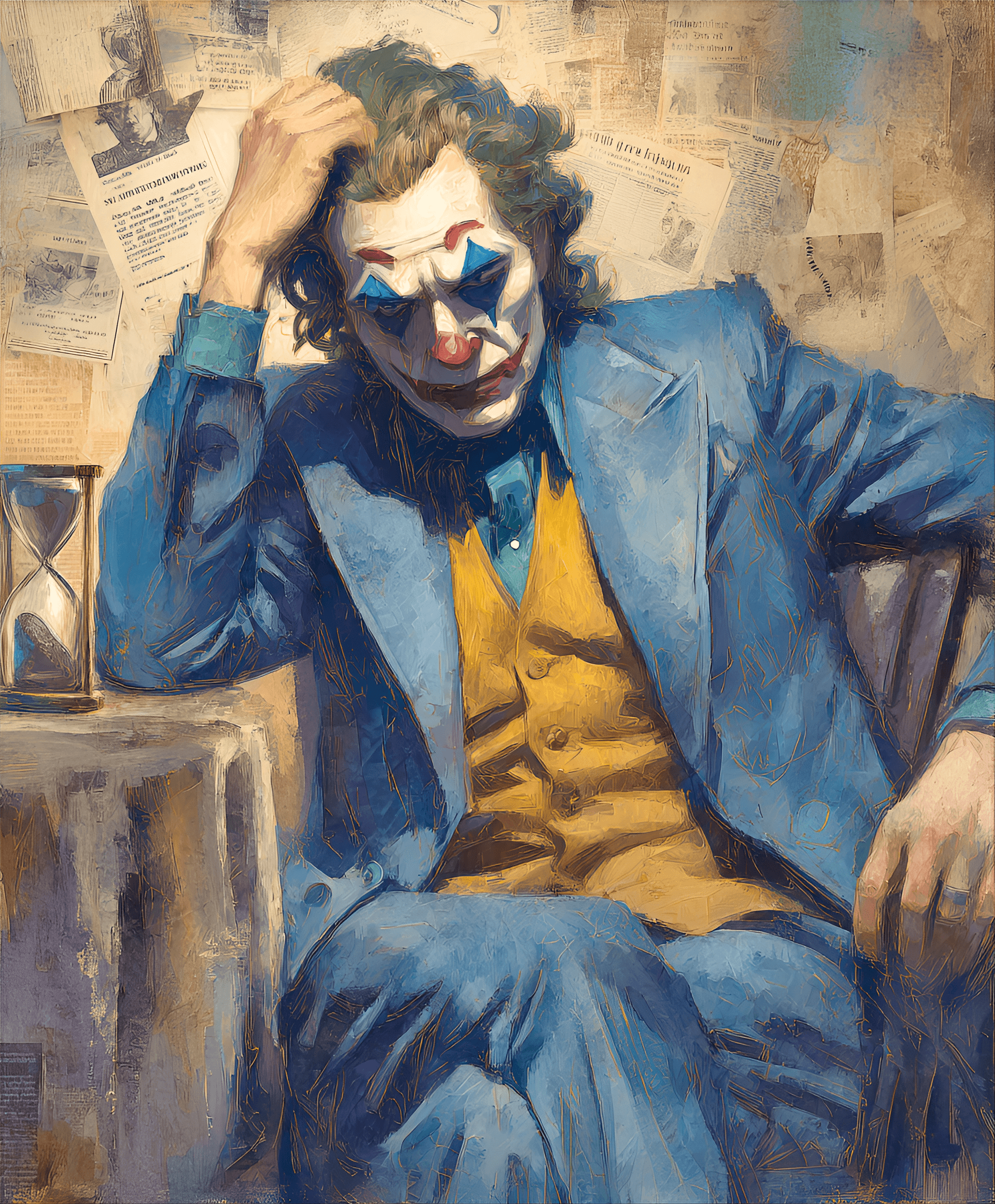 AI generated: The Joker, Caucasian, mid-30s, seated, wearing a faded blue suit jacket over a mustard yellow vest, ...