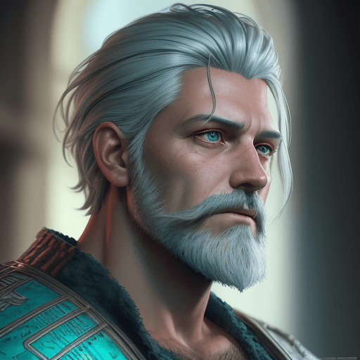 AI generated: an epic fantastic realism comic book style portrait painting of a male, silver hair, short brown bea...