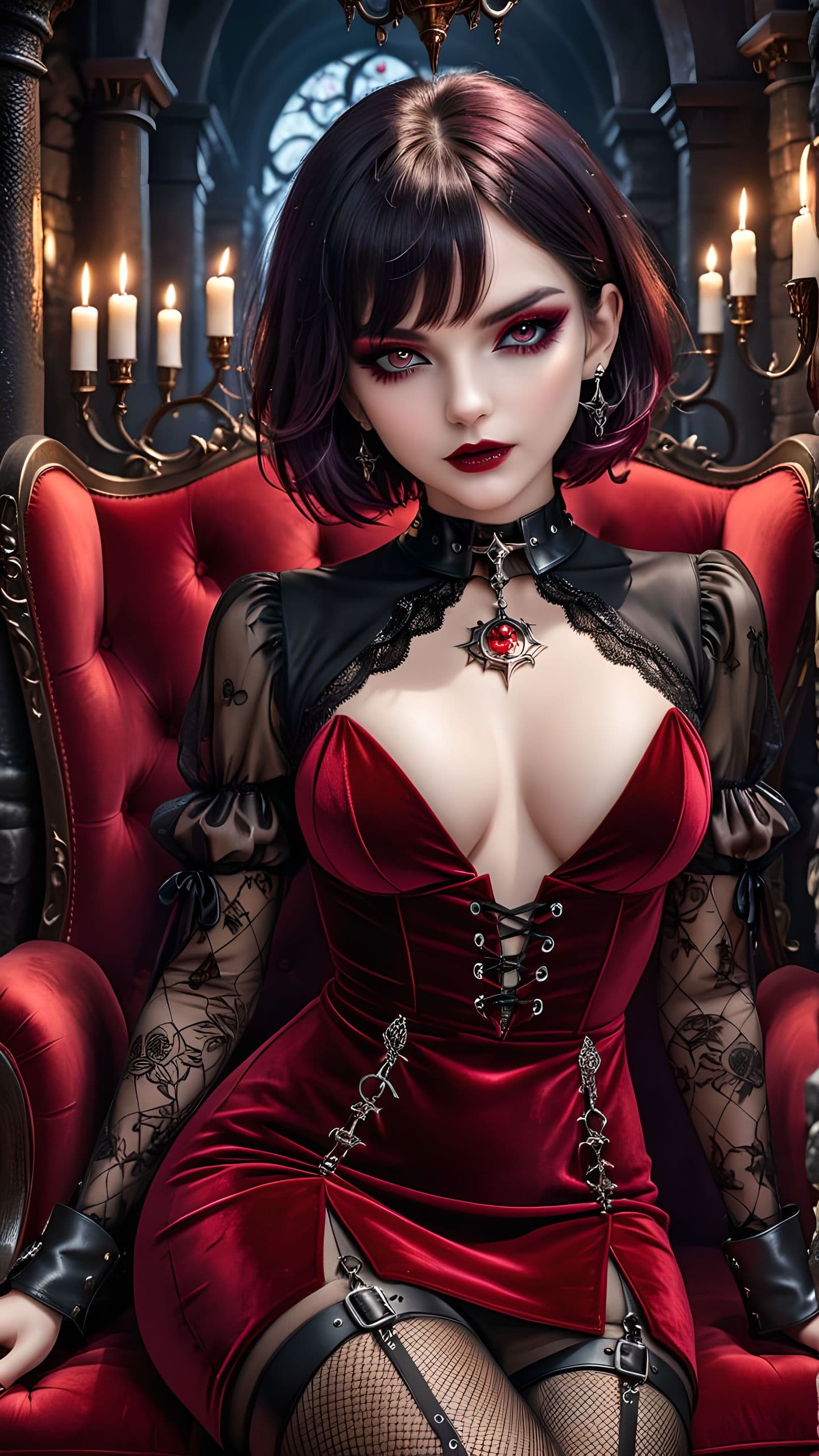 AI generated: Blood-red velvet mini dress embroidered with ancient sigils and occult motifs, plunging neckline rev...