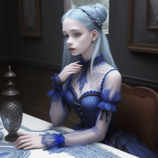 AI generated: a woman sitting at a table , by Valerie Petts, tumblr, intricate fantasy dress, blueish tones, offic...