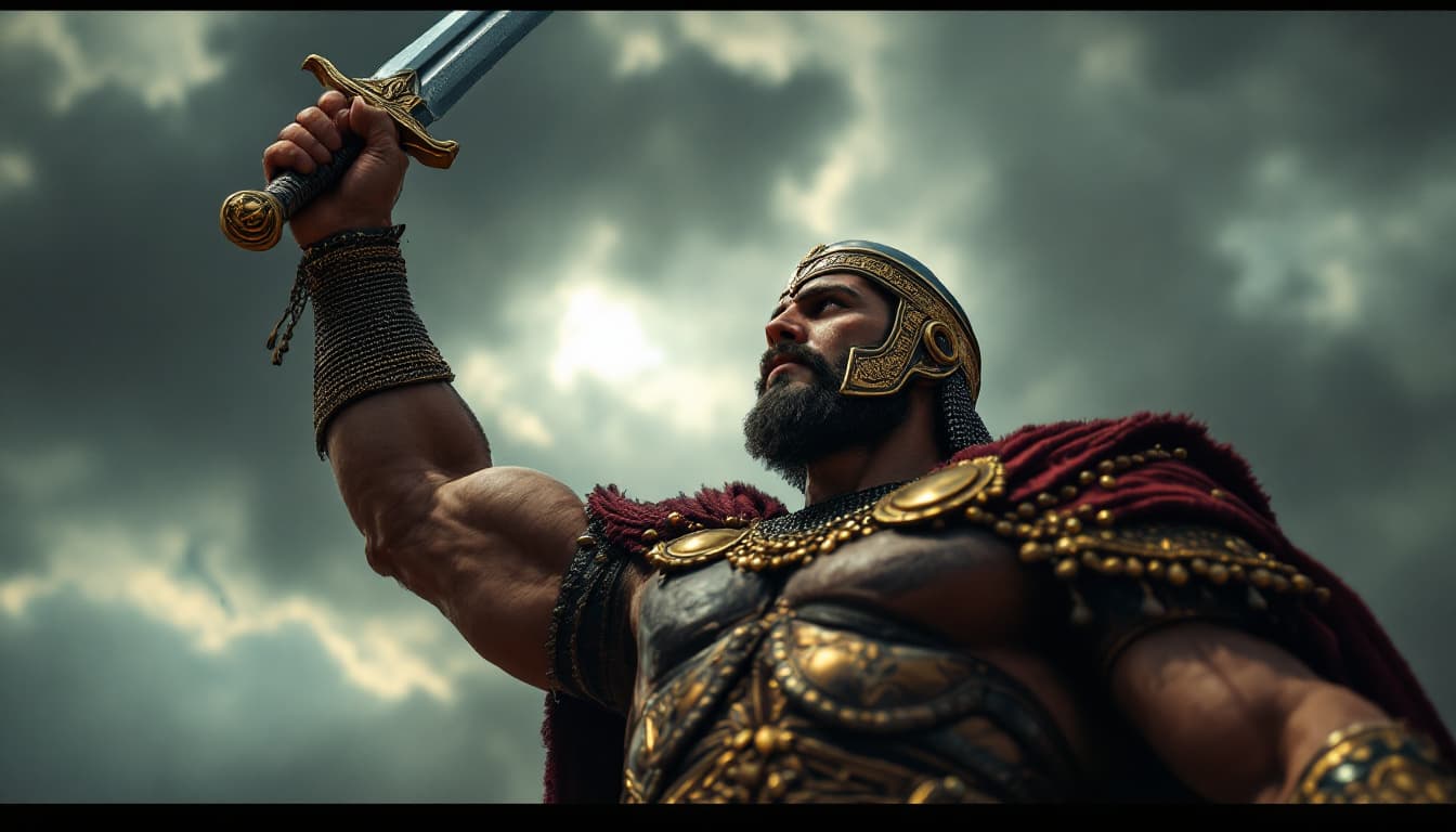 AI generated: Ultra-realistic.Low-angle shot of Ario raising his sword, dark clouds looming in the sky. [Ario: bol...