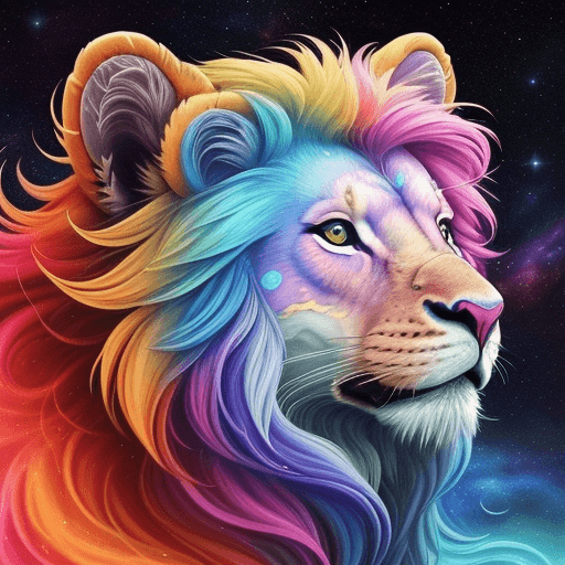 AI generated: the painting of a colorful space lion, in the style of detailed perfection, richly colored skies, gl...