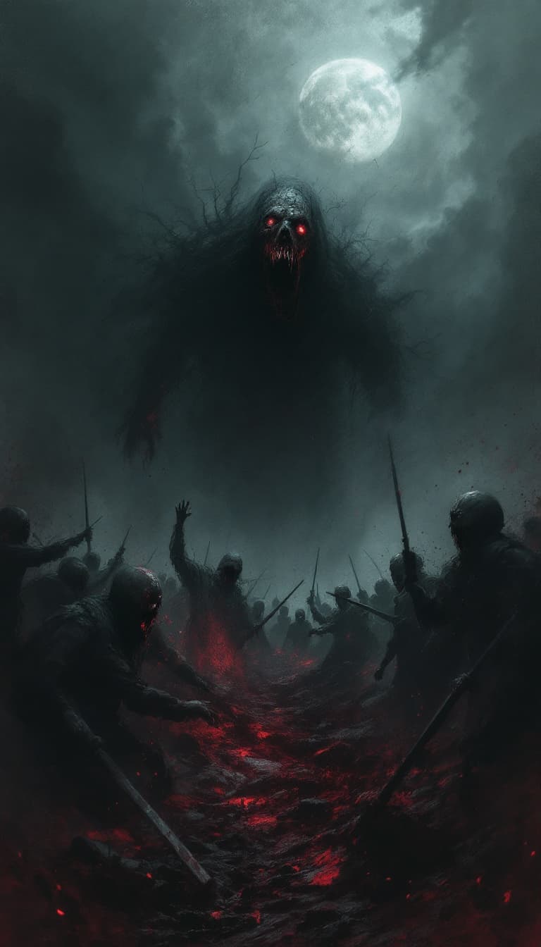 AI generated: fear, brutal composition showing the terror of war, cries and gore, gloomy background, dark tones, h...