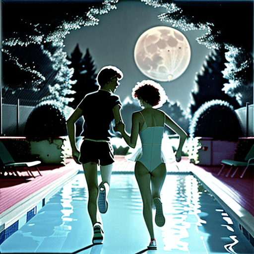 AI generated: Young couple running to an outdoor pool surrounded by trees. They are holding hands and shown from b...