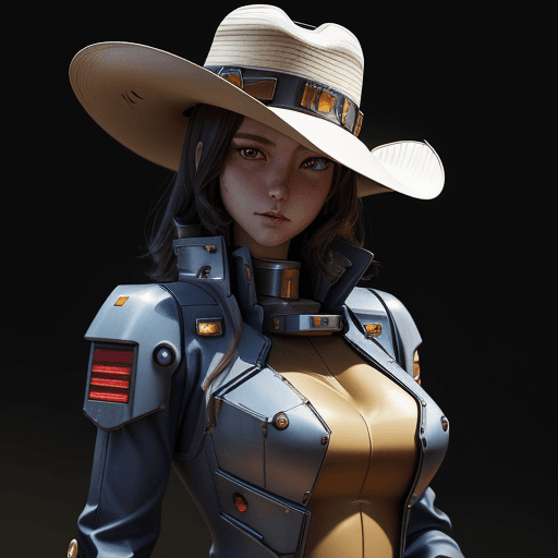 AI generated: (Space Cowgirl:1. 4), (trenchcoat:1. 4), (cowboy hat:1. 4), Gundam armor and glowing accents. mecha,...