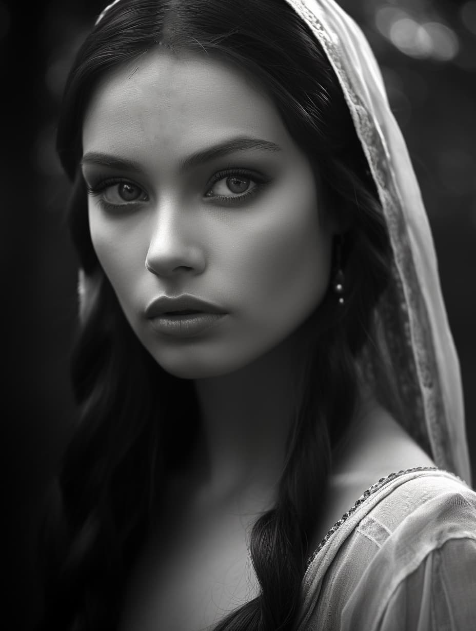 AI generated: a black and white photo of a woman, focus on girl model, photorealistic faces, manuka, beauty girl, ...