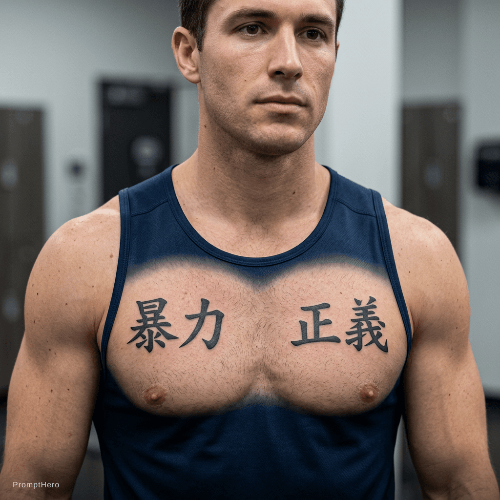 AI generated: "Violence" on the center of the right pectoral and "justice" on the Left pectoral; in Cantonese.