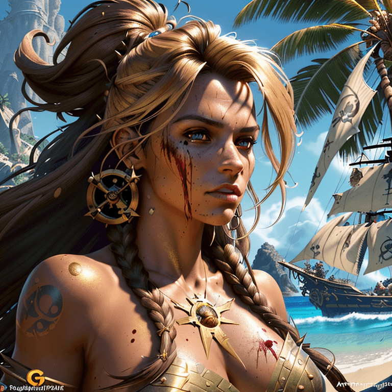 AI generated: portrait of the most beautiful gorgeous stunning  powerful female pirate female, gold,  island tropi...