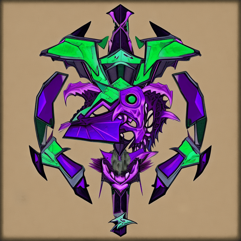AI generated: Logo gaming wear, concept, mecha dragon skull, nonagon, colour black and green and purple, gaming, d...