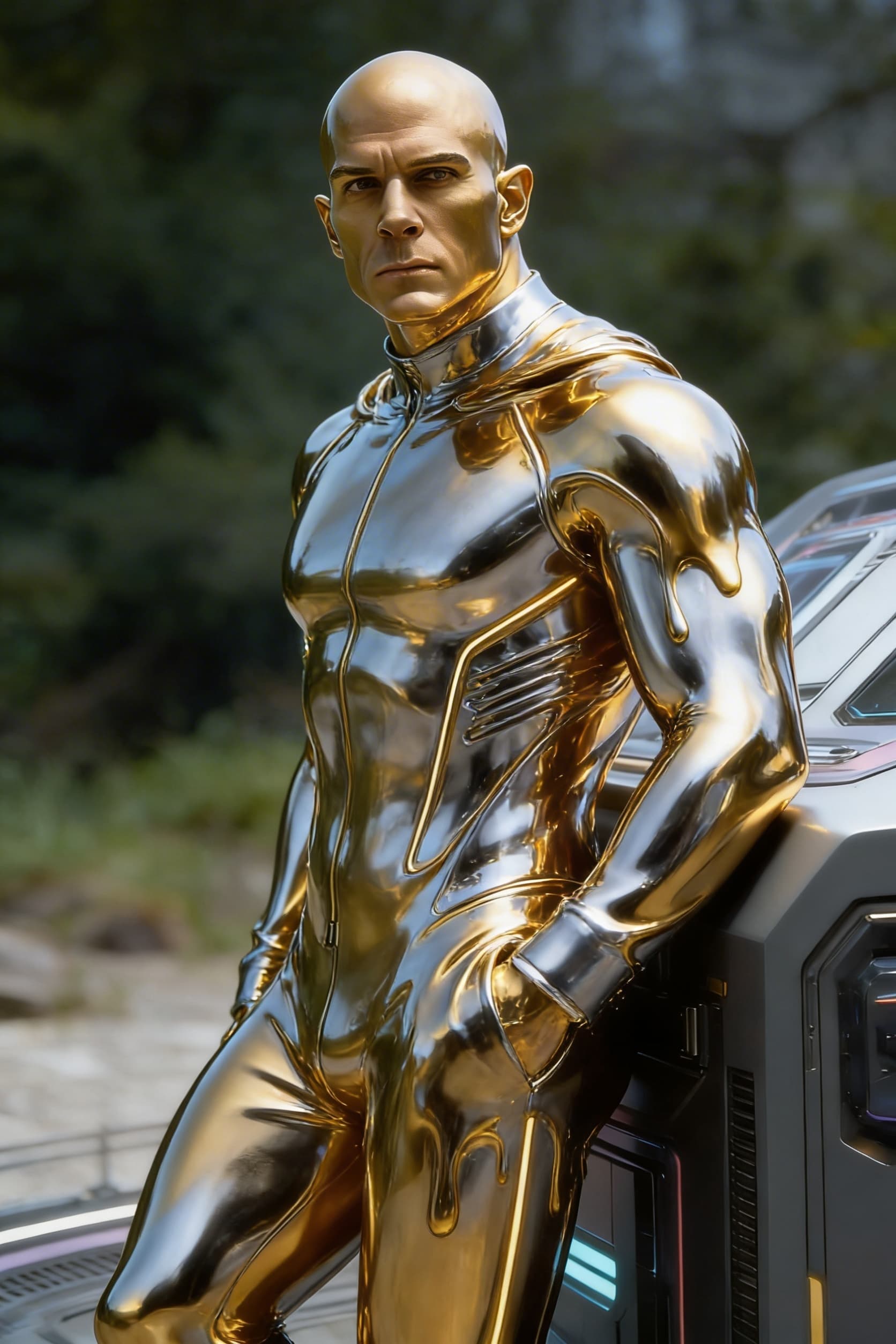 AI generated: Create from the reference image, a solid golden-silver being, powerful, loving. From flesh to sleek ...