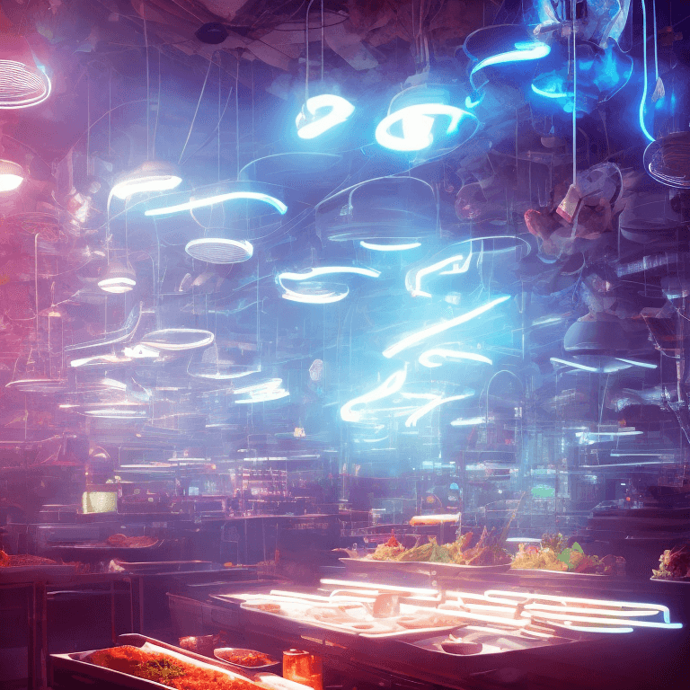 AI generated: futuristic thaifood, night, thailand, neon light, volumetric smoke, volumetric light, octane render,...