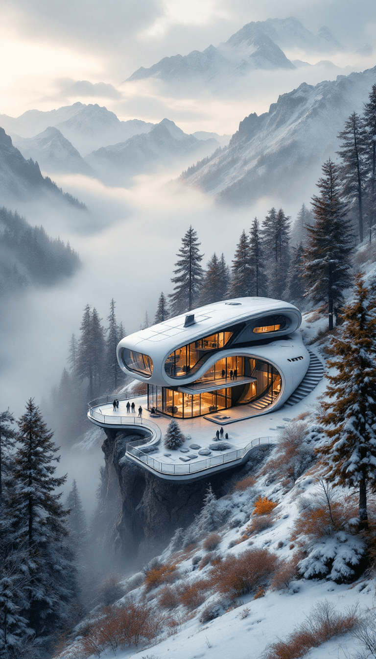 AI generated: Wide angle photo of a modern futuristic house in a valley surrounded by fog and trees, in the style ...
