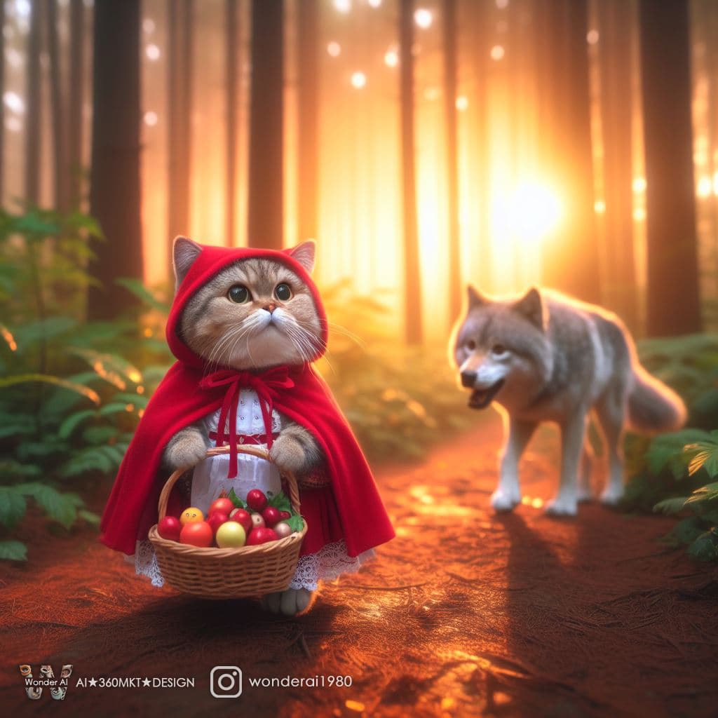 AI generated: anthropomorphic cute cat, wearing the costume of the fairy tale character Little Red Riding Hood, re...