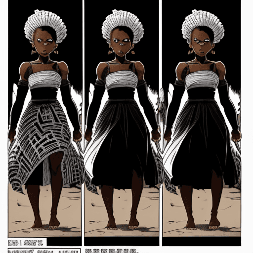 AI generated: black girl in her 20s walking barefoot clutching her traditional dress, black eyes, angry face, "VUK...