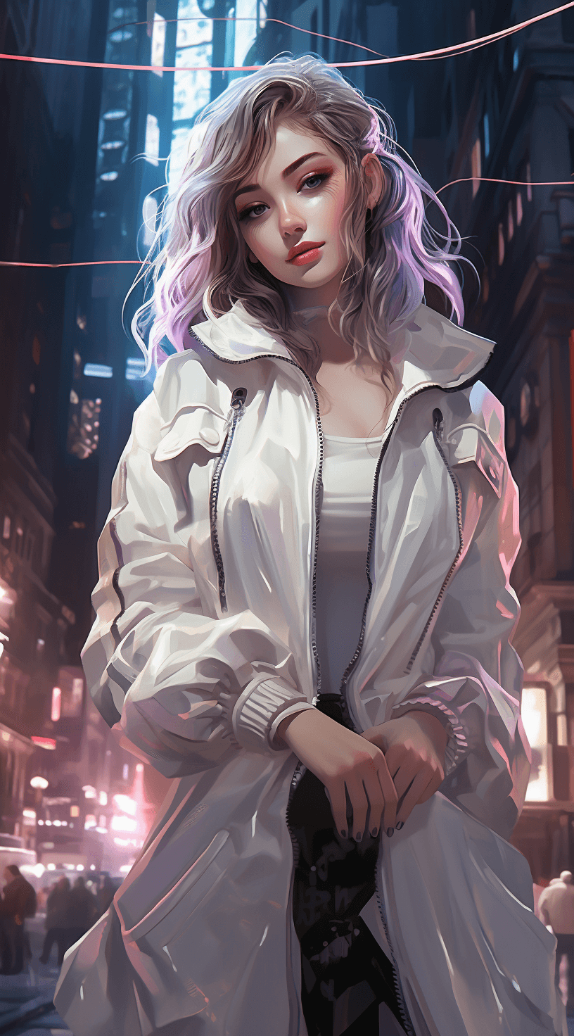 AI generated: A girl in a white jacket is in front of a building in a city, in the style of kawaii art, light mage...