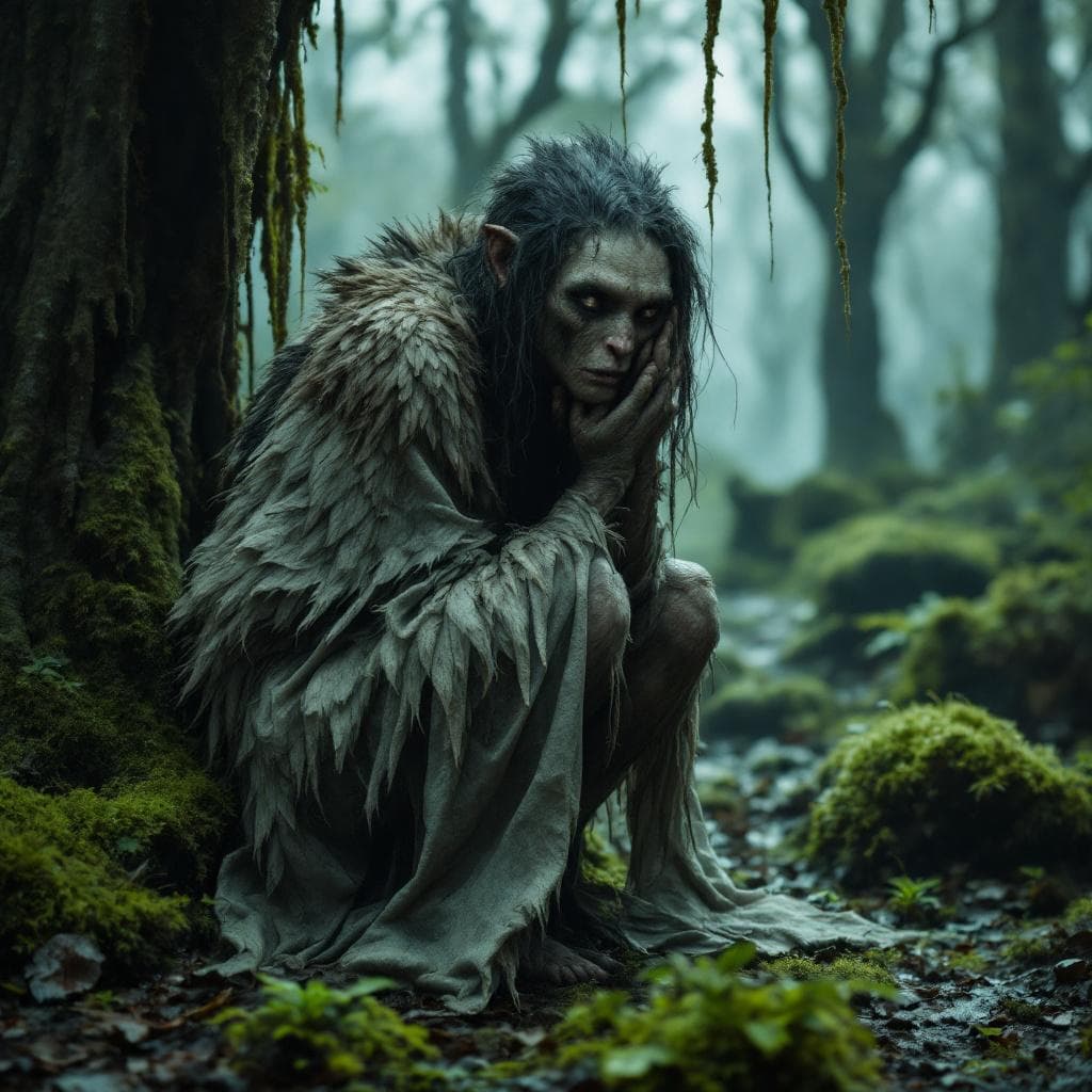 AI generated: hominid slightly more human looking female wearing  various animal pelts covering her,  crouching on...