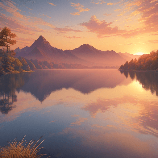 AI generated: Magnificent view of the sunset over a tranquil lake, warm colors. Ultra HD, realistic, vivid colors,...