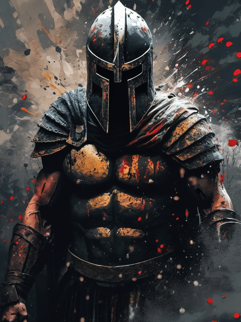 AI generated: digital wallpaper portrait of a spartan warrior, no face, gloomy background, brutal, majestic, drama...