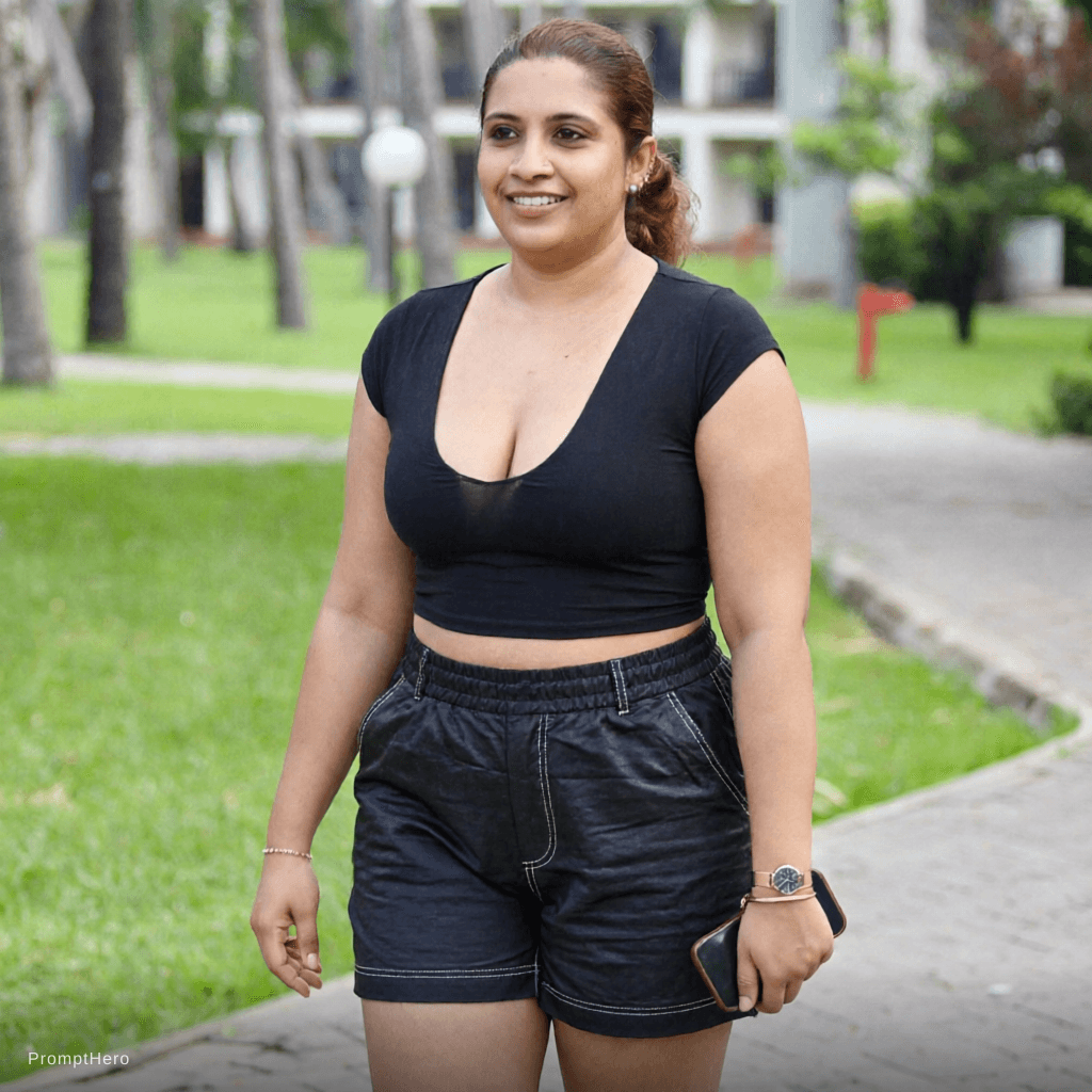 AI generated: Replace the outfit with a booty loose cut booty shorts and deep neck crop top. Keep the original fac...