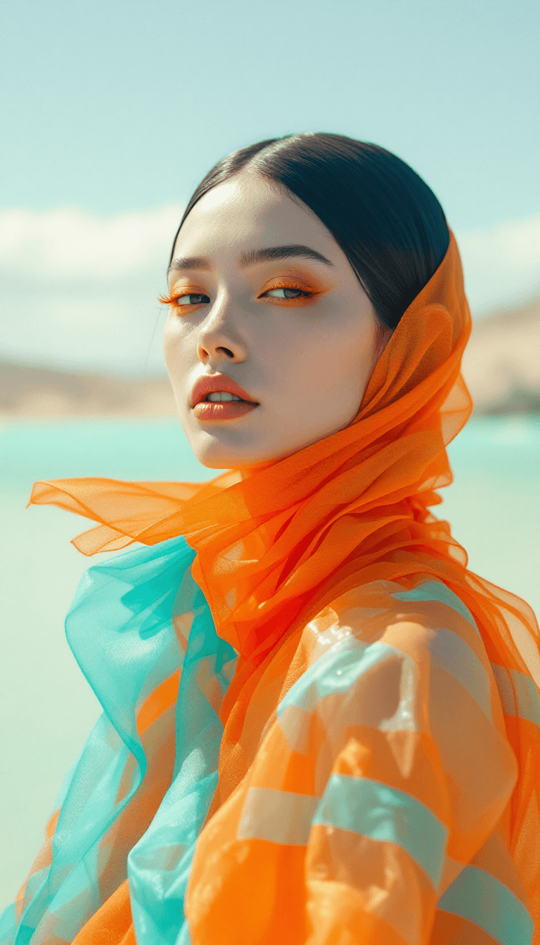 AI generated: high end fashion shoot, fashion, stunning model wearing extravagent futuristic foam and orange toned...