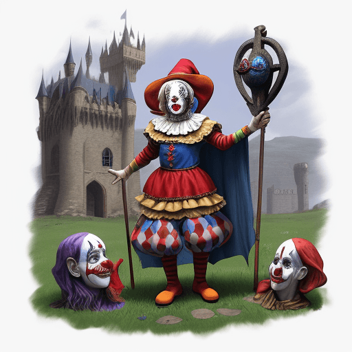AI generated: clown fantasy dungeon middle ages celebration finished strange people around