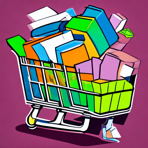 AI generated: A logo featuring a cartoon-style shopping cart filled with products, designed to look as if it's mov...